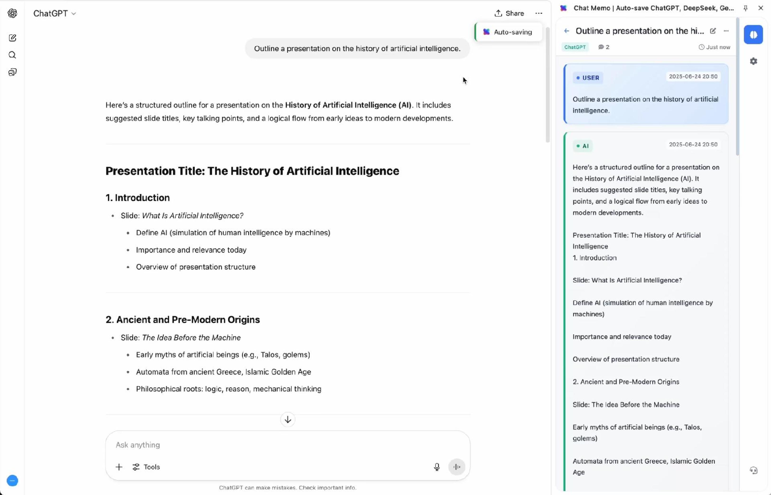 Chat Memo自动同步AI对话记录功能演示